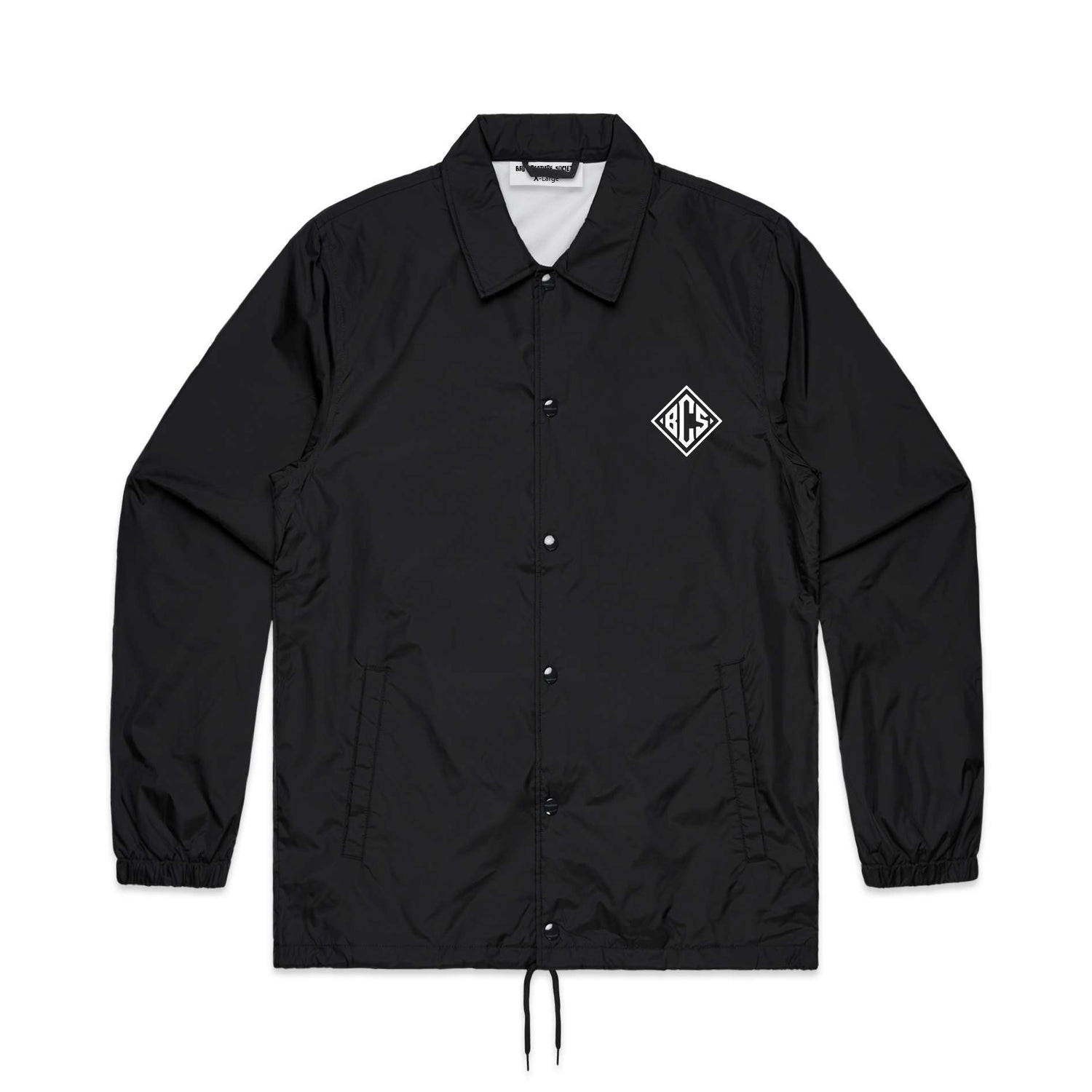 Black coach jacket with a logo on the chest against a white background