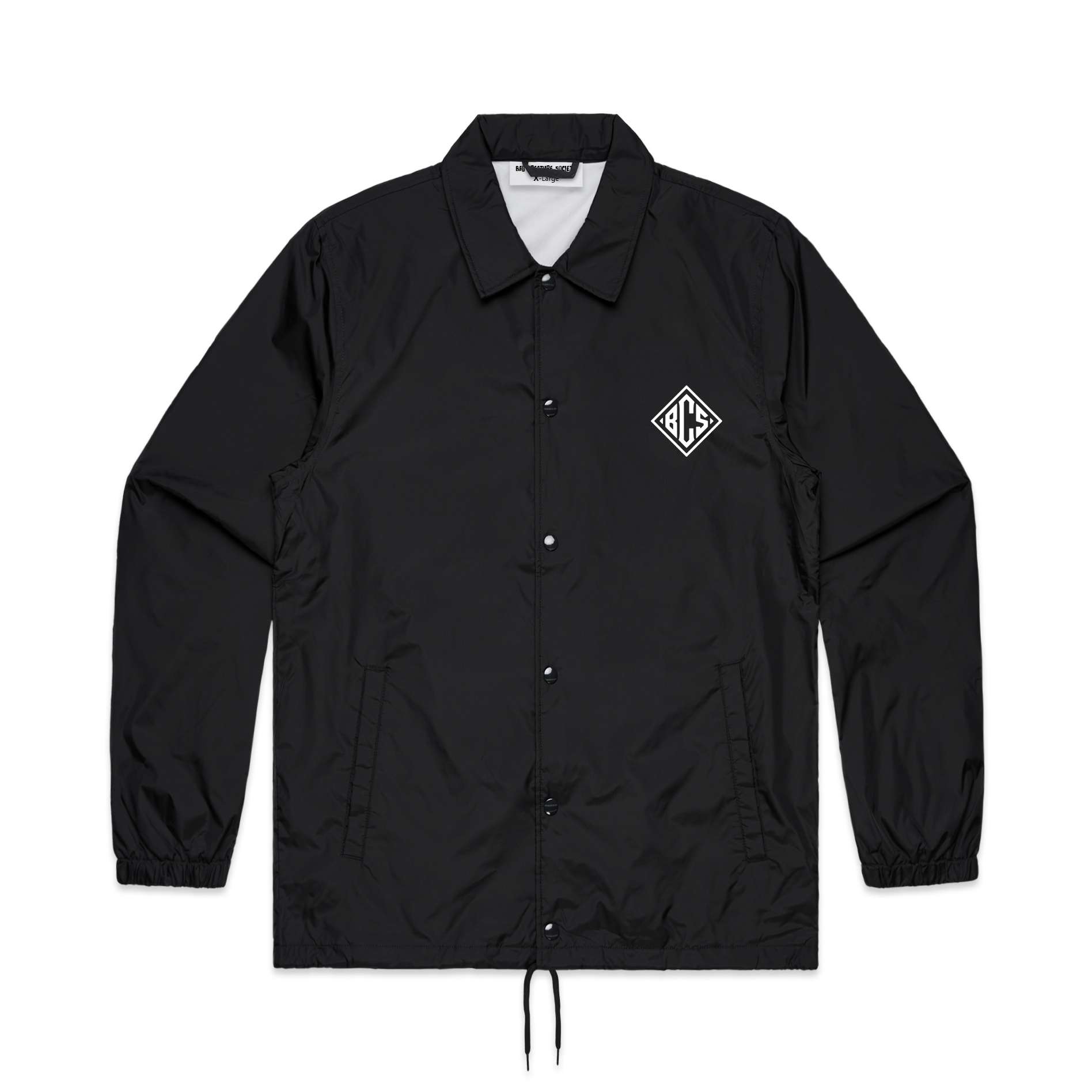 Black coach jacket with a logo on the chest against a white background