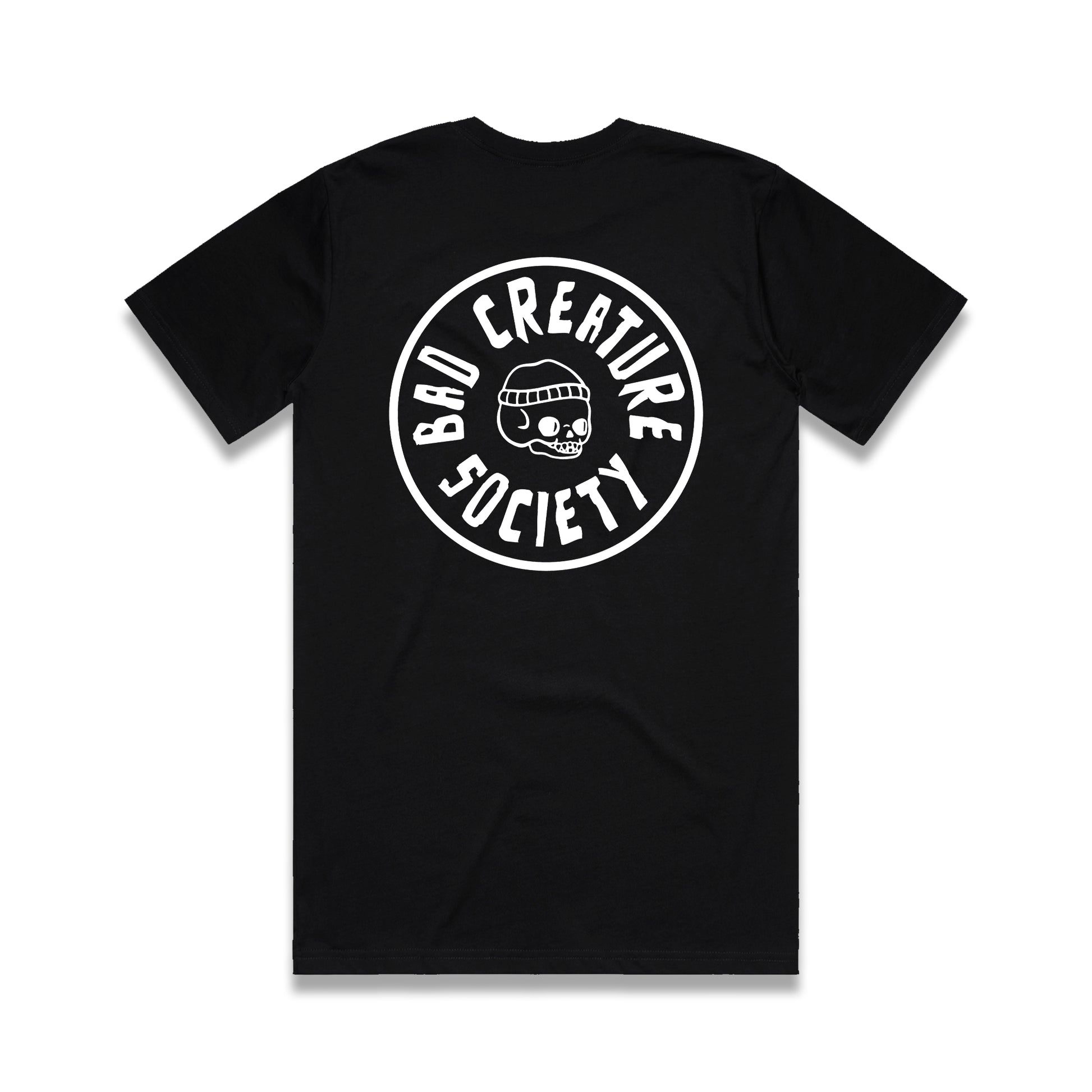 The black t-shirt is shown in a mock-up design on a white background, detailing the main back design of the 'penny' logo. 