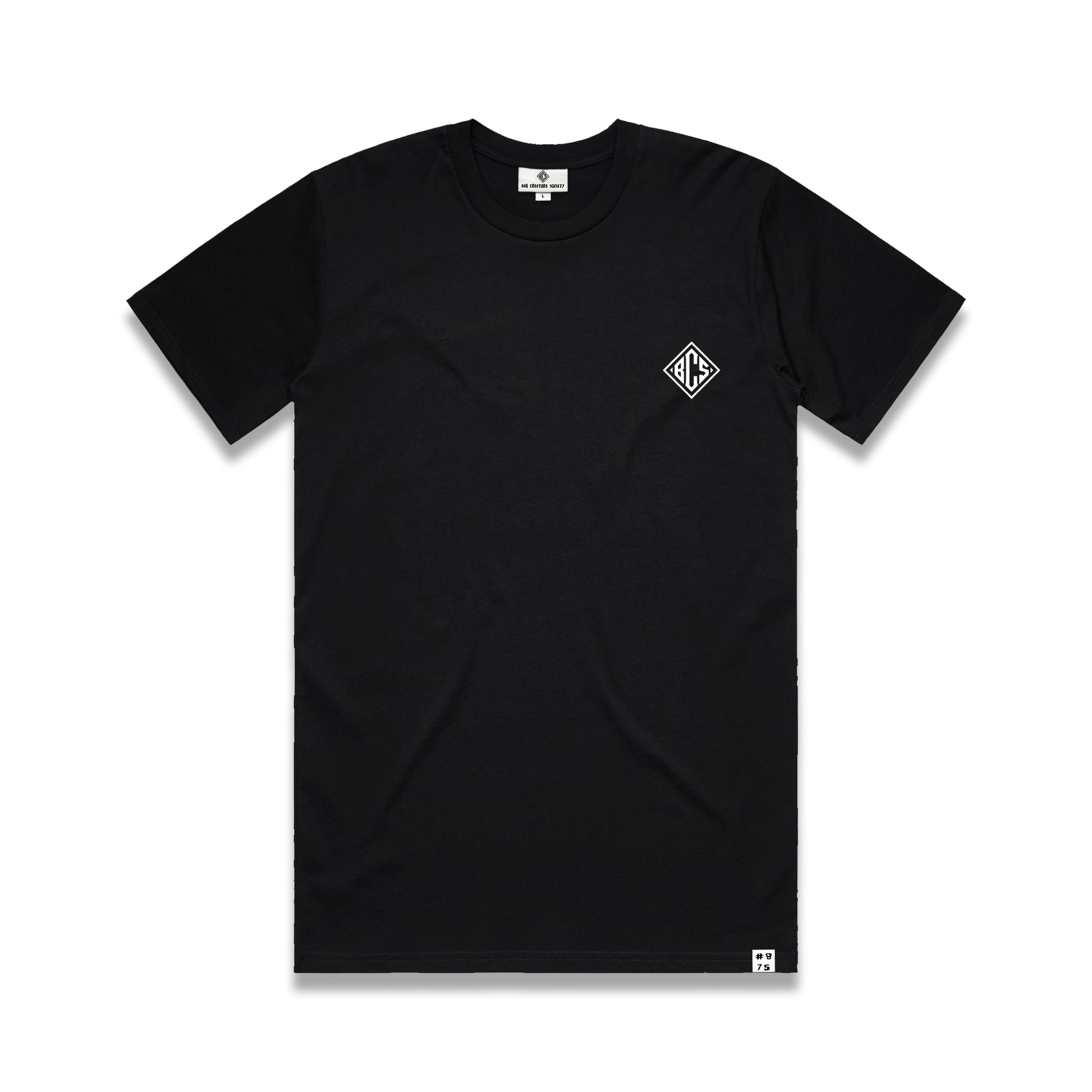 A black crew neck t-shirt with a small white logo on the upper left front side.