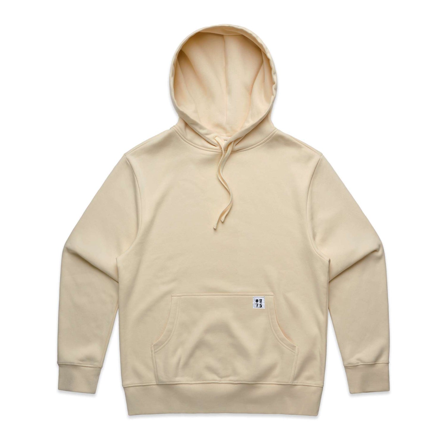 Beige hoodie with a small logo on the chest pocket against a white background