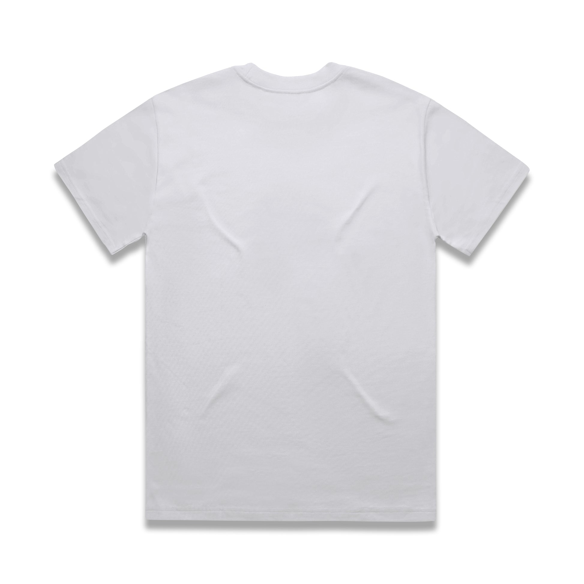 the back of the mock-up design of the white tee. 